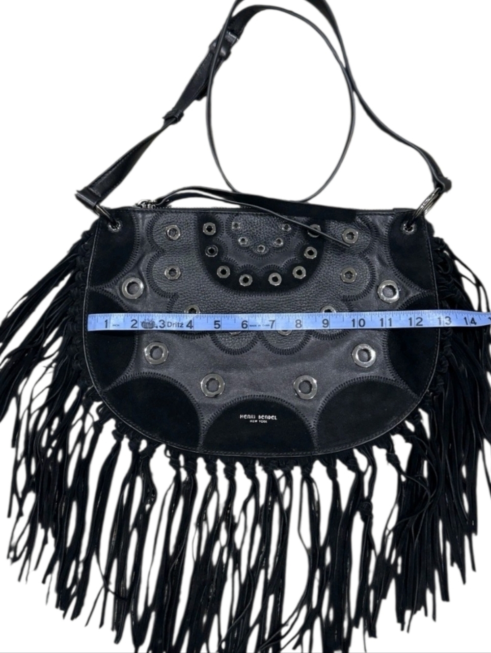 Henri Bendel Dylan Black Fringe Leather Hobo Rivet Crossbody Bag + Dustbag - Picture 4 of 15
